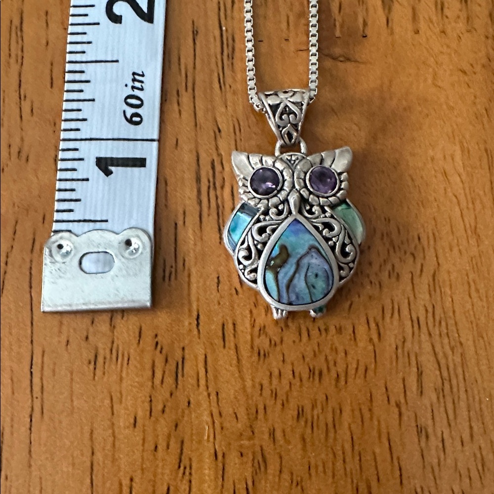 Silver Owl Pendant Necklace with Amethyst Eyes and Abalone Body.